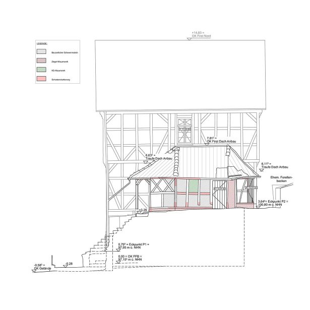 Bestandszeichnung des Felsenkellers mit markierten Bauteilen und Schadstellen