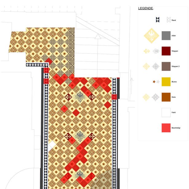 Bestandsplan des historischen Fliesenbodens mit Ornamenten und Schadstellen