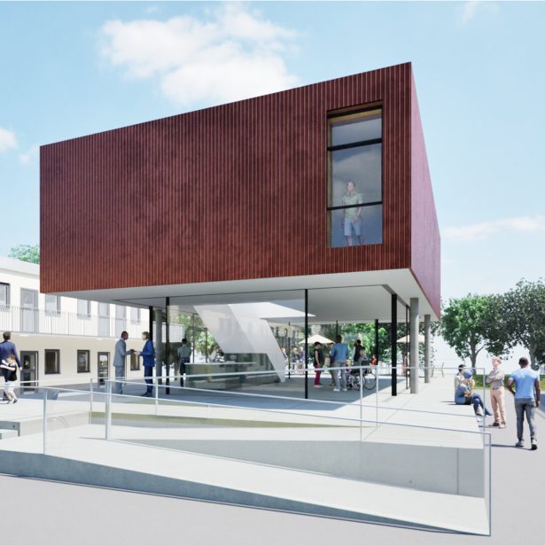 Visualisierung des Begegnungshauses Radmacherstraße mit roter Fassade und barrierefreier Rampe