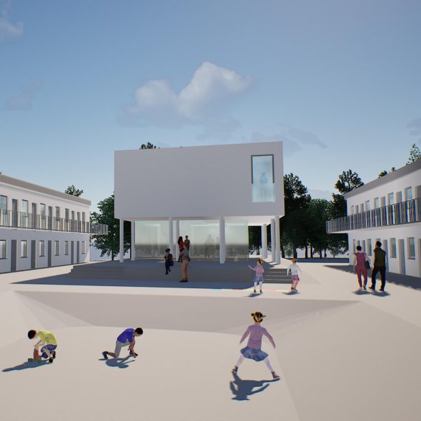 Innenhof der Flüchtlingsunterkunft in Erftstadt mit neuem Begegnungshaus und spielenden Kindern