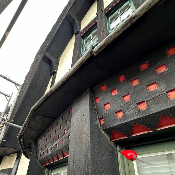 Gerüst an der historischen Fassade mit Blick über die Rolandstraße
